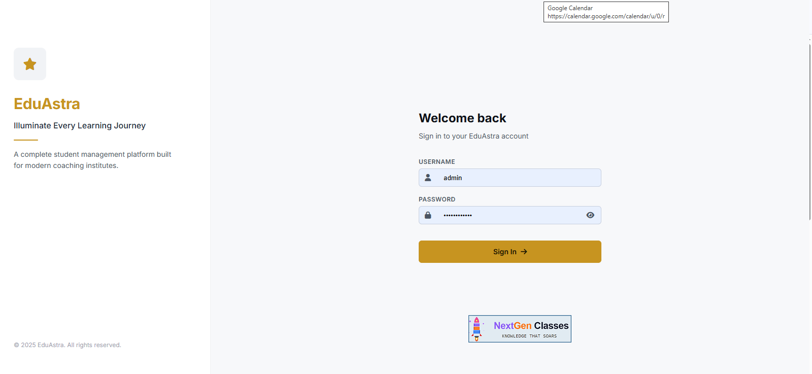 Edu-Astra login screen