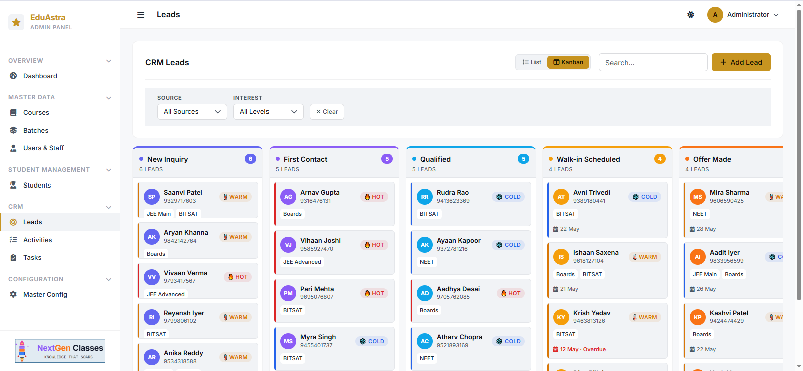 Edu-Astra CRM Kanban board with leads across pipeline stages