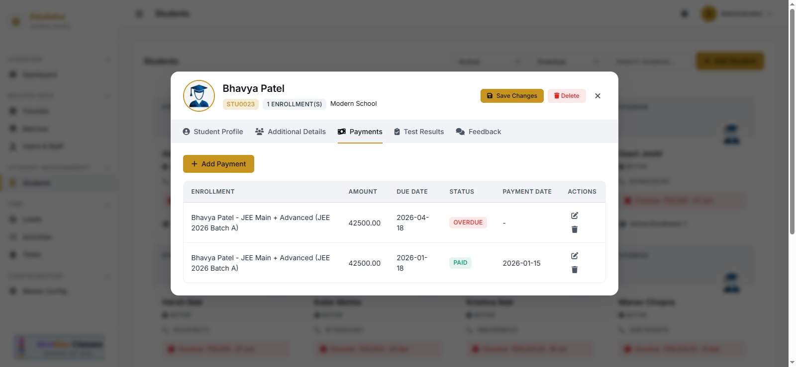 Edu-Astra student payment tracking with overdue and paid statuses